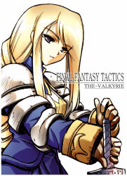 Rule 34 | 1girl, agrias oaks, armor, blonde hair, braid, braided ponytail, breastplate, copyright name, corset, final fantasy, final fantasy tactics, gloves, highres, holding, holding sword, holding weapon, knight, long hair, looking at viewer, parted lips, pauldrons, serizawa katsumi, shoulder armor, shoulder pads, sidelocks, simple background, single braid, solo, sword, upper body, weapon, white background