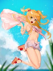 Rule 34 | 1girl, :d, absurdres, bikini, bikini under clothes, blonde hair, blue sky, blurry, blurry foreground, bow, bracelet, day, fang, floating hair, green eyes, hair bow, happy birthday, highres, holding, idolmaster, idolmaster cinderella girls, jewelry, jougasaki rika, jumping, koyo akio, long hair, looking at viewer, open clothes, open mouth, open shorts, outdoors, plaid, plaid bikini, red bow, short shorts, shorts, skin fang, sky, smile, solo, summer, swimsuit, twintails, upshorts, very long hair, white shorts