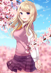 Rule 34 | 1girl, @ (symbol), ahoge, akamatsu kaede, artist name, beamed eighth notes, blonde hair, blue sky, blurry, blurry background, blush, breasts, cherry blossoms, commentary request, danganronpa (series), danganronpa v3: killing harmony, day, dot nose, eighth note, fortissimo, from side, hair ornament, happy, highres, long hair, long sleeves, looking at viewer, medium breasts, musical note, musical note hair ornament, nabekokoa, necktie, orange necktie, outdoors, pink sweater vest, pleated skirt, purple eyes, school uniform, shirt, skirt, sky, smile, solo, standing, sweater vest