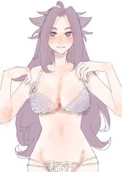 Rule 34 | 1girl, a-maru (aaa circle0110), blush, bra, breasts, cleavage, commentary request, floral print, highres, jun&#039;you (kancolle), kantai collection, large breasts, lingerie, long hair, looking at viewer, panties, purple eyes, purple hair, simple background, sketch, solo, spiked hair, underwear, underwear only, very long hair, white background, white bra, white panties