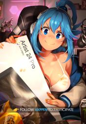 Rule 34 | 1girl, absurdres, aqua (konosuba), bare shoulders, blue eyes, blue hair, blush, breasts, camisole, cat, chair, cheetos, chomusuke, closed mouth, commentary, dio brando, drawing tablet, english commentary, english text, figure, hair ornament, hair rings, headphones, highres, holding, indoors, jojo no kimyou na bouken, keyboard (computer), khyle., kono subarashii sekai ni shukufuku wo!, large breasts, liger zero, long hair, long sleeves, looking at viewer, menstrual pad, monster energy, mouth hold, pokemon, pokemon bdsp, product placement, smile, v-shaped eyebrows, zoids