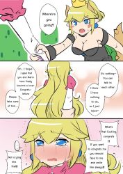 Rule 34 | 2girls, holding another&#039;s arm, bare shoulders, black dress, blonde hair, blue eyes, blush, blush stickers, bowsette, breasts, cleavage, comic, crying, crying with eyes open, dress, earrings, english text, engrish text, horns, jewelry, long hair, mario (series), multiple girls, new super mario bros. u deluxe, nintendo, nose blush, pink dress, ponytail, pov, princess peach, ranguage, sesield, short hair, strapless, strapless dress, streaming tears, super crown, tears