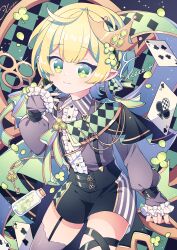 Rule 34 | 1boy, ace (playing card), ace of clubs, blonde hair, bottle, card, checkered background, checkered clothes, clover, club (shape), crown, elf, floating card, frills, green eyes, hyou (pixiv3677917), male focus, original, playing card, pointy ears, shorts, thighhighs