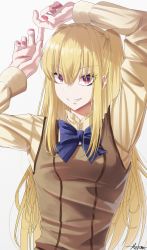 Rule 34 | 1boy, absurdres, ame no kisaki academy school uniform, arms up, blonde hair, blue bow, bow, bowtie, grin, hair between eyes, highres, long hair, long sleeves, looking at viewer, maria holic, menma san, nail polish, red nails, school uniform, shadow, shidou mariya, signature, smile, solo, trap, two side up, upper body, white background