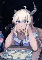 Rule 34 | 1girl, absurdres, ahoge, black background, blonde hair, blue eyes, blush, bowchan, chips (food), cola, collarbone, commentary request, dark, dark-skinned female, dark skin, demon girl, demon horns, demon tail, double-parted bangs, dress, elbows on table, eyes visible through hair, fang, food, hair between eyes, hands on own cheeks, hands on own face, head rest, highres, horns, lilith (machikado mazoku), long hair, looking at viewer, machikado mazoku, open mouth, pointy ears, potato chips, purple dress, relaxing, simple background, sitting, skin fang, solo, table, tail, tsurime, upper body