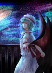 Rule 34 | 1girl, arm behind back, balcony, bat wings, blue hair, hat, head tilt, highres, light frown, looking at viewer, mob cap, outstretched hand, red eyes, remilia scarlet, short hair, short sleeves, skirt, skirt set, sky, solo, star (sky), starry sky, thcapenxer1234, touhou, wings, wrist cuffs