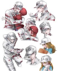 Rule 34 | 10s, 1boy, 2girls, ae-3803, biting, black shirt, blood, blood on clothes, blood on face, blue shorts, boots, brown eyes, brown hair, cabbie hat, character name, closed eyes, closed mouth, clothes writing, commentary request, cropped jacket, flat cap, glove biting, gloves, hair between eyes, hair over one eye, hat, hataraku saibou, highres, holding, holding knife, hug, jacket, knife, long hair, long sleeves, melings (aot2846), multiple girls, pants, platelet (hataraku saibou), red blood cell (hataraku saibou), red hair, red hat, red jacket, shirt, shorts, tears, u-1146, white background, white blood cell (hataraku saibou), white footwear, white gloves, white hair, white hat, white jacket, white pants, wiping tears