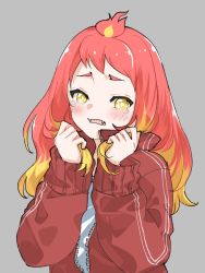 Rule 34 | 1girl, blonde hair, blush, brown jacket, commentary request, fangs, forehead, grey background, hands up, hikasa tomoshika, holding, holding own hair, jacket, kiko (kikobooom), long hair, long sleeves, multicolored hair, open clothes, open jacket, parted lips, red hair, shirt, simple background, sleeves past wrists, solo, tears, track jacket, two-tone hair, upper body, virtual youtuber, voms, white shirt, yellow eyes
