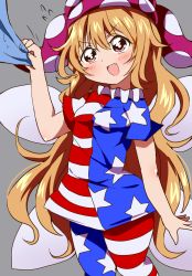 Rule 34 | 1girl, :d, american flag, american flag pants, american flag shirt, blonde hair, blush, breasts, bwell, clownpiece, commentary request, fairy wings, fang, feet out of frame, grey background, hat, highres, jester cap, long hair, neck ruff, open mouth, pantyhose, polka dot, polka dot headwear, red eyes, short sleeves, simple background, small breasts, smile, solo, touhou, v-shaped eyebrows, very long hair, wings