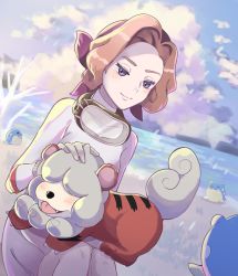 Rule 34 | bandana, bare tree, blush, brown hair, closed mouth, cloud, commentary request, covered collarbone, creatures (company), day, eri (rcn natural13), eyelashes, game freak, gen 3 pokemon, gloves, grey gloves, headpat, highres, hisuian growlithe, knees, looking down, nintendo, on lap, outdoors, palina (pokemon), pearl clan outfit, pokemon, pokemon (creature), pokemon legends: arceus, pokemon on lap, purple bandana, purple eyes, shore, short hair, sky, smile, spheal, tree