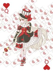 Rule 34 | 00s, 1girl, bare shoulders, blonde hair, blush, card, cross, dress, dungeon and fighter, elbow gloves, gloves, hat, heart, long hair, mage (dungeon and fighter), playing card, queen of hearts (alice in wonderland), red eyes, scepter, solo, tagme, top hat, very long hair