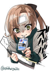 Rule 34 | ..., 1girl, @ @, akigumo (kancolle), bow, brown bow, brown hair, cold pack, ebifurya, green eyes, hair bow, highres, holding, juice box, kantai collection, long hair, long sleeves, open mouth, ponytail, simple background, solo, spoken ellipsis, sweat, twitter username, upper body, white background