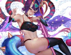 Rule 34 | 1girl, ass, bare shoulders, blonde hair, blush, bob cut, chinese clothes, club, club (weapon), commentary, dudou, eyeliner, fangs, fate/grand order, fate (series), fundoshi, gtunver, hair ornament, horns, innertube, japanese clothes, jewelry, looking at viewer, makeup, navel, oni, partially submerged, purple eyes, purple hair, revealing clothes, shawl, short eyebrows, short hair, shuten douji (fate), shuten douji (fate/grand order), shuten douji (halloween caster) (fate), skin-covered horns, smile, solo, spiked club, stomach, swim ring, thighhighs, toned, tongue, tongue out, water, weapon, wet