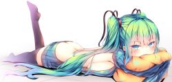 Rule 34 | 1girl, ass, black thighhighs, blush, breasts, from side, green eyes, green hair, hair between eyes, hair ribbon, hatsune miku, kiseno, long hair, looking at viewer, lying, medium breasts, meme attire, hugging object, on stomach, pillow, pillow hug, ribbon, sideboob, solo, thighhighs, twintails, very long hair, virgin killer sweater, vocaloid, white background