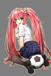 Rule 34 | 1girl, artist request, ass, character request, female focus, full body, green eyes, highres, looking at viewer, looking back, naughty face, pink hair, sitting, soccer spirits, solo, source request, tagme, twintails