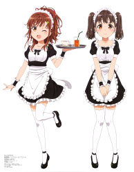 Rule 34 | 2girls, :d, absurdres, apron, back bow, black footwear, bow, brown eyes, brown hair, closed mouth, collarbone, cup, dress, drinking straw, glass, high school fleet, highres, holding, holding tray, irizaki mei, knees together feet apart, leg up, maid, maid apron, maid headdress, messy hair, multiple girls, nervous, official art, one eye closed, open mouth, shiretoko rin, simple background, smile, standing, teeth, thighhighs, tray, twintails, upper teeth only, white background, white legwear, wrist cuffs
