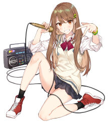 Rule 34 | 1girl, beamed eighth notes, black skirt, black socks, blush, breasts, brown eyes, brown hair, collared shirt, commentary request, fingernails, fortissimo, full body, green eyes, hair between eyes, hair ornament, hands up, head tilt, holding, holding microphone, long hair, long sleeves, microphone, musical note, musical note hair ornament, nail polish, original, pink nails, pleated skirt, red footwear, school uniform, shirako miso, shirt, shoes, simple background, sitting, skirt, small breasts, socks, solo, stereo, sweater vest, very long hair, white background, white shirt