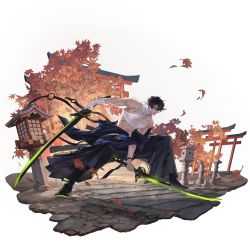 Rule 34 | 1boy, aki (neural cloud), bandaged chest, bandages, brown eyes, brown hair, clothes around waist, dog tags, dual wielding, full body, game cg, girls&#039; frontline, girls&#039; frontline neural cloud, hakama, hakama pants, highres, holding, holding sword, holding weapon, japanese clothes, leaf, male focus, maple leaf, messy hair, official art, pants, scar, scar on arm, scar on chest, scar on face, short hair, solo, sword, torii, transparent background, weapon
