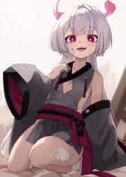 Rule 34 | 1girl, absurdres, bare shoulders, bell, blue archive, clothing cutout, detached sleeves, feza chen (ushaku), flat chest, gauze, gauze on cheek, grey hair, grey sleeves, halo, highres, japanese clothes, jingle bell, long hair, looking at viewer, obi, open mouth, red eyes, red halo, sash, shuro (blue archive), smile, solo, thighs
