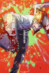 Rule 34 | 1boy, black necktie, black pants, blonde hair, blood, blood spray, bloody weapon, chainsaw, chainsaw man, collared shirt, denji (chainsaw man), green blood, highres, long sleeves, looking at viewer, male focus, myu060309, necktie, pants, sharp teeth, shirt, shirt tucked in, short hair, stylized blood, teeth, weapon, white shirt