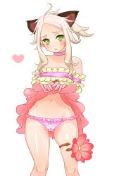Rule 34 | 1girl, animal ears, bare shoulders, bow, bow panties, cameltoe, cat ears, choker, chunbollo, clothes lift, elin, extra ears, flower, frilled panties, frills, gloves, green eyes, grey hair, groin, heart, highres, navel, neck ribbon, panties, pink panties, ribbon, skirt, skirt lift, solo, tera online, thighlet, thighs, underwear, upskirt