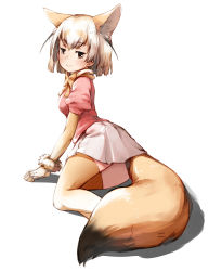 Rule 34 | 10s, 1girl, animal ears, bad id, bad pixiv id, blush, bow, bowtie, breasts, brown eyes, dengliziti, fennec (kemono friends), fox ears, fox tail, full body, gloves, gradient hair, half-closed eyes, kemono friends, looking at viewer, lying, multicolored hair, on side, pleated skirt, puffy short sleeves, puffy sleeves, short-sleeved sweater, short hair, short sleeves, simple background, skirt, small breasts, smile, solo, sweater, sweater vest, tail, thighhighs, two-tone hair, white background, white skirt, zettai ryouiki