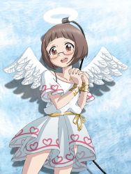 Rule 34 | 1girl, angel, angel wings, blush, brown eyes, brown hair, glasses, highres, love lab (manga), short hair, solo, tanahashi suzune, vzmk2, wings