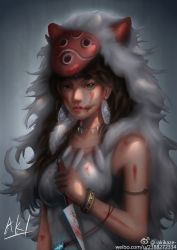 Rule 34 | 1girl, bare arms, breasts, brown hair, commentary request, earrings, facepaint, facial mark, fur, green eyes, headband, highres, jewelry, knife, lips, long hair, looking at viewer, mask, medium breasts, mononoke hime, necklace, san (mononoke hime), simple background, solo, tooth necklace, weapon