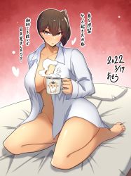 Rule 34 | 1girl, absurdres, breasts, brown eyes, brown hair, collarbone, collared shirt, cup, highres, holding, holding cup, kaga (kancolle), kantai collection, large breasts, long hair, long sleeves, mug, naked shirt, open clothes, open shirt, osora (judithandlilith), shirt, short sidetail, side ponytail, sitting, solo, translation request, white shirt