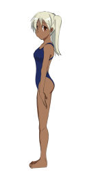 bad_id bad_pixiv_id barefoot brown_eyes competition_swimsuit dark-skinned_female dark_skin one-piece_swimsuit silver_hair solo sonouchi swimsuit twintails