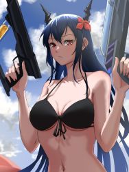 Rule 34 | 1girl, arknights, bikini, black bikini, blue hair, blue sky, breasts, ch&#039;en (arknights), ch&#039;en the holungday (arknights), ch&#039;en the holungday (elite ii) (arknights), chinese commentary, cleavage, closed mouth, cloud, cloudy sky, day, dragon horns, dual wielding, embarrassed, eyelashes, flower, front-tie bikini top, front-tie top, frown, furrowed brow, hair between eyes, hair flower, hair ornament, highres, holding, holding water gun, horns, long hair, looking at viewer, medium breasts, navel, official alternate costume, outdoors, red eyes, red flower, saikre, sky, slit pupils, solo, stomach, string bikini, swimsuit, upper body, water gun