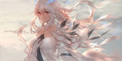 Rule 34 | 1girl, artist name, blurry, breasts, collarbone, commentary request, copyright name, depth of field, dress, expressionless, floating hair, gloves, hair between eyes, hand on own chest, hand up, highres, long hair, long sleeves, looking at viewer, medium breasts, outdoors, pixiv fantasia, pixiv fantasia last saga, red eyes, solo, swd3e2, upper body, white dress, white gloves, white hair