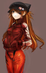 Rule 34 | 10s, 1girl, animal hat, badge, blue eyes, brown hair, button badge, cat hat, evangelion: 3.0 you can (not) redo, eyepatch, grey background, hands in pockets, hat, highres, jacket, long hair, looking at viewer, neon genesis evangelion, plugsuit, rebuild of evangelion, simple background, sketch, solo, souryuu asuka langley, taishi (artist), taishi (picchiridou), track jacket