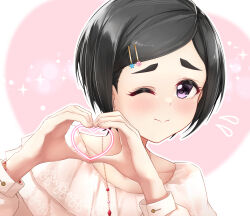 Rule 34 | 1girl, absurdres, black hair, hair ornament, hairclip, heart, heart hands, highres, idolmaster, idolmaster cinderella girls, jewelry, long sleeves, looking at viewer, matsuo chizuru, nakata (nkt vvd), necklace, one eye closed, pink background, purple eyes, short hair, smile, solo, upper body