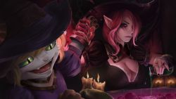 Rule 34 | bewitching morgana, bewitching tristana, breasts, candle, cauldron, cleavage, hat, league of legends, morgana (league of legends), pointy ears, potion, red hair, tristana, witch