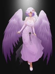Rule 34 | 1girl, absurdres, angel, angel wings, black background, blue eyes, blue hair, blush, breasts, commission, cupid (monster girl encyclopedia), dress, feathers, flower, hair flower, hair ornament, hair over one eye, highres, holding, holding clothes, holding dress, huge filesize, large breasts, less, light particles, looking at viewer, monster girl, monster girl encyclopedia, one eye covered, purple dress, purple feathers, purple wedding dress, simple background, skirt hold, solo, wedding dress, wings