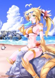 Rule 34 | 1boy, 1girl, absurdres, afterimage, antenna hair, arisa (g (genesis1556)), arm strap, arm support, artist name, bare shoulders, battle, beach, bikini, blonde hair, blue sky, blush, breasts, claws, cleavage, cloud, collarbone, commentary request, covered erect nipples, day, dolphin, dragon girl, dragon horns, dragon tail, eyewear on head, food, front-tie bikini top, front-tie top, g (genesis1556), groin, hair between eyes, hair ornament, highres, holding, holding food, horns, large breasts, layered bikini, long hair, looking at viewer, lying, melting, monster boy, monster girl, navel, ocean, on stomach, open mouth, orca, original, outdoors, parrying, ponytail, popsicle, profile, punching, rapid punches, rio (g (genesis1556)), rock, scales, shark, sidelocks, sitting, skindentation, sky, solo focus, sound effects, stomach, sunglasses, sweat, swimsuit, tail, thigh strap, tongue, tongue out, wristband, yellow bikini