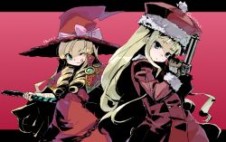 Rule 34 | 2girls, ;), atlus, blonde hair, blunt bangs, bow, doctor magus, dress, drill hair, etrian odyssey, gunner (sekaiju), hat, long sleeves, looking at viewer, multiple girls, oekaki, one eye closed, pink bow, red background, red dress, simple background, smile, twin drills, twintails, ume (datsuryokugen), witch hat