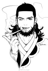 Rule 34 | 1boy, ainu, ainu clothes, anderain, beard, commentary request, cropped shoulders, earrings, facial hair, full beard, golden kamuy, greyscale, highres, holding, holding smoking pipe, hoop earrings, jewelry, kiroranke, looking at viewer, male focus, mature male, monochrome, one eye closed, short hair, smile, smoking pipe, solo, thick beard, thick eyebrows