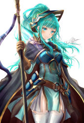 Rule 34 | 1girl, absurdres, alternate hairstyle, aqua dress, aqua eyes, aqua hair, armor, armored dress, belt, blush, breastplate, brown belt, brown gloves, cape, clear glass (mildmild1311), closed mouth, commentary request, cosplay, dress, eirika (fire emblem), ephraim (fire emblem), ephraim (fire emblem) (cosplay), female focus, fire emblem, fire emblem: the sacred stones, fire emblem heroes, floating hair, gauntlets, gloves, hair ornament, high ponytail, highres, holding, holding polearm, holding spear, holding weapon, long hair, looking at viewer, matching hair/eyes, nintendo, official alternate costume, pelvic curtain, polearm, ponytail, sidelocks, signature, simple background, smile, solo, spear, thighhighs, twitter username, upper body, weapon, white background, white thighhighs, zettai ryouiki