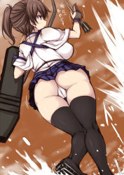 Rule 34 | 10s, 1girl, arrow (projectile), ass, black thighhighs, bow (weapon), brown eyes, brown hair, from behind, jema, kaga (kancolle), kantai collection, panties, skirt, solo, thighhighs, thong, underwear, weapon