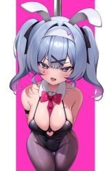 Rule 34 | 1girl, animal ears, bare shoulders, black leotard, black pantyhose, blue eyes, blue hair, bow, bowtie, breasts, detached collar, fake animal ears, fang, hair ornament, hatsune miku, highres, kaptivate, leotard, looking at viewer, medium breasts, open mouth, outside border, pantyhose, playboy bunny, rabbit ears, rabbit hole (vocaloid), ribbon, smile, solo, teardrop facial mark, twintails, vocaloid, x hair ornament
