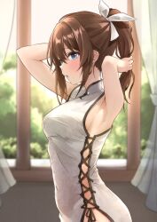 Rule 34 | 1girl, :o, absurdres, adjusting hair, armpits, arms up, b1ack illust, blue eyes, blurry, blurry background, blush, bow, breasts, brown hair, china dress, chinese clothes, covered navel, cross-laced clothes, dress, floral print, hair bow, highres, idolmaster, idolmaster million live!, indoors, looking at viewer, medium breasts, satake minako, sideways glance, sleeveless, sleeveless dress, solo, white dress