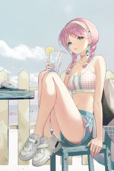 Rule 34 | 1girl, absurdres, arknights, bare arms, bare legs, blue eyes, blue poison (arknights), blue poison (shoal beat) (arknights), blue shorts, braid, chair, choker, cloud, collarbone, cup, day, dolphin shorts, doughnut, drinking straw, ear piercing, fence, food, fruit, headband, highres, holding, holding cup, horizon, ice, ice cube, jacket, unworn jacket, lemon, lemon slice, navel, no socks, ocean, official alternate costume, open mouth, outdoors, picket fence, piercing, plate, purple choker, purple hair, shoes, short shorts, shorts, sitting, sky, sneakers, solo, sports bra, strawberry, table, thighs, twin braids, white footwear, wooden fence, zhuang yao