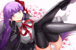 Rule 34 | 10s, 1girl, bb (fate), bb (fate/extra), black thighhighs, bow, breasts, fate/extra, fate/extra ccc, fate (series), flower, gloves, hair bow, large breasts, legs up, looking at viewer, naso4, purple eyes, purple hair, red bow, smile, smirk, solo, thighhighs, white gloves, white thighhighs