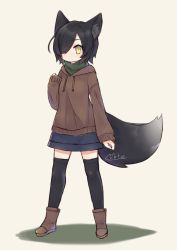 Rule 34 | 1girl, animal ear fluff, animal ears, bad id, bad twitter id, black hair, black thighhighs, blue skirt, boots, brown footwear, brown hoodie, commentary request, dog ears, dog tail, dokumi, expressionless, full body, hair over one eye, highres, hood, hoodie, long sleeves, miniskirt, neck warmer, original, short hair, simple background, skirt, sleeves past wrists, tail, thighhighs, yellow eyes, zettai ryouiki