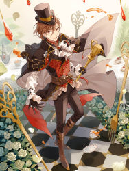 Rule 34 | 1boy, :d, artist request, ascot, badge, beckoning, belt, black cape, black gloves, black pants, boots, brooch, brown footwear, brown hair, button badge, buttons, cake, cake slice, cane, cape, cherry, collared cape, cream, cup, double-breasted, drop earrings, earl grey tea, earl grey tea (food fantasy), earrings, flower, food, food fantasy, fork, fruit, gem, gloves, hair between eyes, half gloves, hat, hat ornament, highres, holding, holding cane, jewelry, leaf print, looking at viewer, looking to the side, male focus, multicolored vest, official art, open mouth, outstretched arm, oversized object, pants, pastry, petals, plant, plate, red brooch, red eyes, red gemstone, red vest, rose, saucer, shirt, short hair, single earring, sleeves past wrists, smile, solo, spilling, spread fingers, standing, table, tablecloth, tailcoat, tea, teacup, teapot, third-party source, tile floor, tiles, tiramisu, top hat, v-shaped eyebrows, vest, water drop, white ascot, white flower, white rose, white shirt