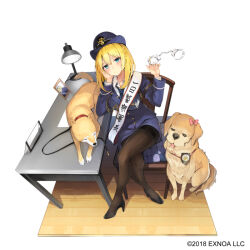 Rule 34 | 1girl, blonde hair, blue eyes, blush, bow, brown pantyhose, chair, commentary request, crossed legs, cuffs, desk lamp, dog, dreamlight2000, from above, gemini seed, handcuffs, hat, head rest, high heels, holding, holding handcuffs, lamp, long sleeves, looking at viewer, official art, pantyhose, pink bow, police, police hat, police uniform, policewoman, portrait (object), sash, simple background, sitting, solo, tachi-e, tongue, tongue out, uniform, white background