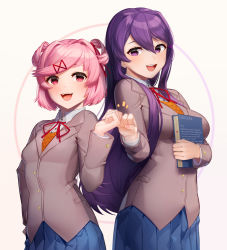 Rule 34 | 2girls, :d, artist name, blue sky, book, breasts, commentary, doki doki literature club, english commentary, fangs, fist bump, grey jacket, hair between eyes, hair ornament, hair ribbon, hairclip, hand on own hip, highres, holding, holding book, jacket, large breasts, long hair, long sleeves, multiple girls, natsuki (doki doki literature club), neck ribbon, open mouth, pink eyes, pink hair, pleated skirt, purple eyes, purple hair, red ribbon, ribbon, sasoura, school uniform, shirt, short hair, simple background, skirt, sky, small breasts, smile, swept bangs, two side up, very long hair, white shirt, wing collar, yuri (doki doki literature club)