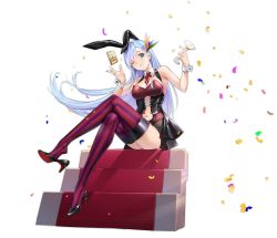 Rule 34 | 1girl, animal ears, azur lane, bare shoulders, black footwear, black hair, blue eyes, blue hair, bow, bowtie, breasts, clothing cutout, cocktail glass, cup, detached collar, drinking glass, fake animal ears, from below, full body, high heels, highres, holding, holding cup, leotard, long hair, looking at viewer, manjuu (azur lane), navel cutout, official alternate costume, official art, one eye closed, playboy bunny, purple thighhighs, rabbit ears, red bow, red bowtie, red thighhighs, shoes, sitting, solo, strapless, strapless leotard, striped clothes, striped thighhighs, thighhighs, ticonderoga (azur lane), ticonderoga (show stopper!) (azur lane), tomohiro kai, transparent background, two-tone legwear, very long hair, wrist cuffs